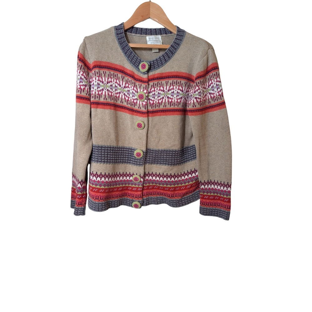 Christopher & Banks Fair Isle Cardigan Sweater Tan Red Purple Cotton Blend M